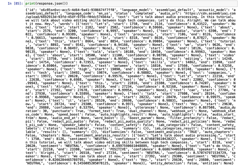 Screenshot of API response for transcript analysis.