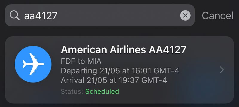 Searching for flight information on iPhone
