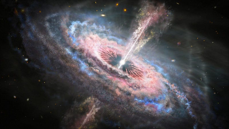 Artistic depiction of quasar winds affecting galaxy formation