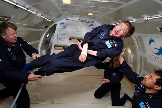 Stephen Hawking floating in microgravity.