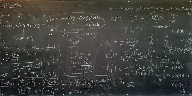 A chalkboard filled with physics equations